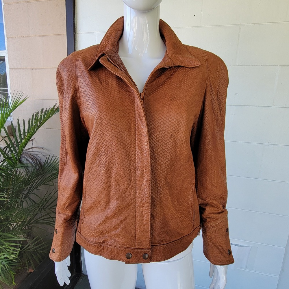 VTG 70s Sheep Mates Leather Jacket Brown Women M Snakeskin Embossed